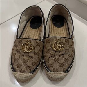 Gucci Tan Monogram Espadrilles with Gold Emblem